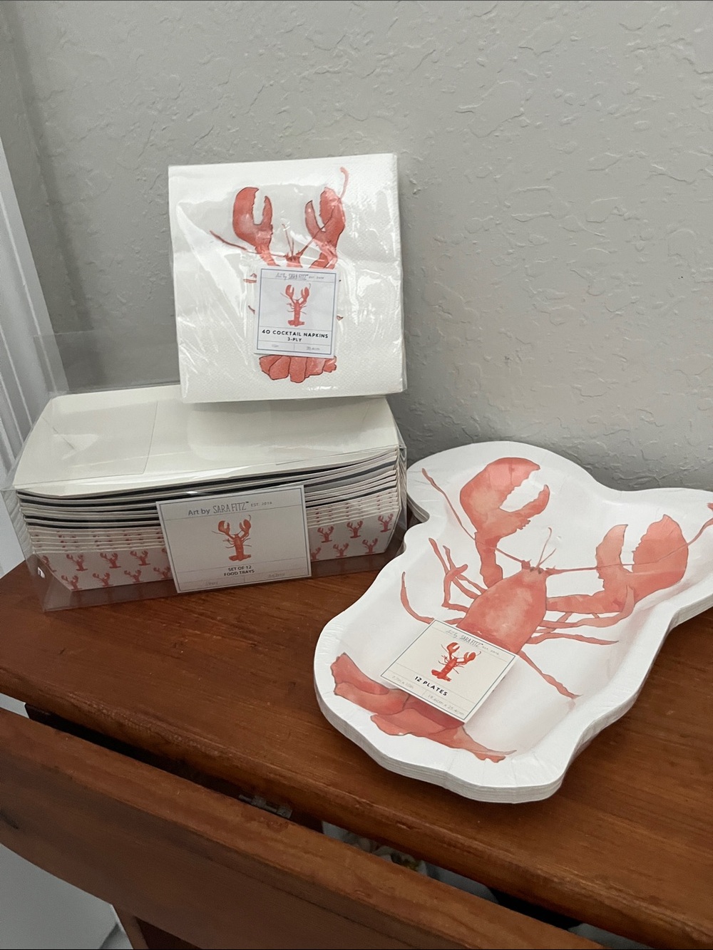 Sara Fitz Lobster :Striped Paper Plates - Coral Lobster Design (12 Pack)